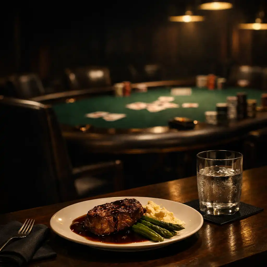 A plated dining moment beside a softly blurred green felt poker table