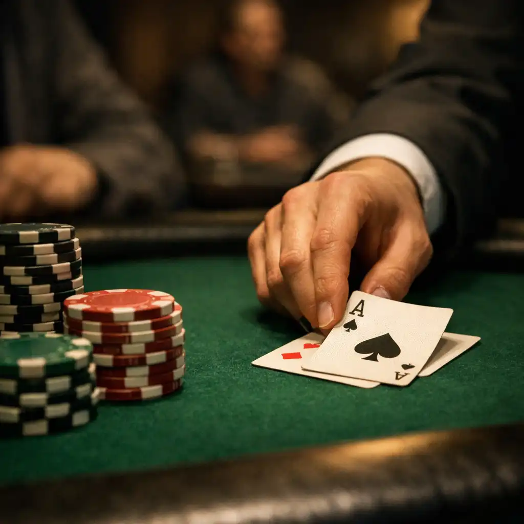 Dealer hand placing playing cards beside poker chips on a green felt table