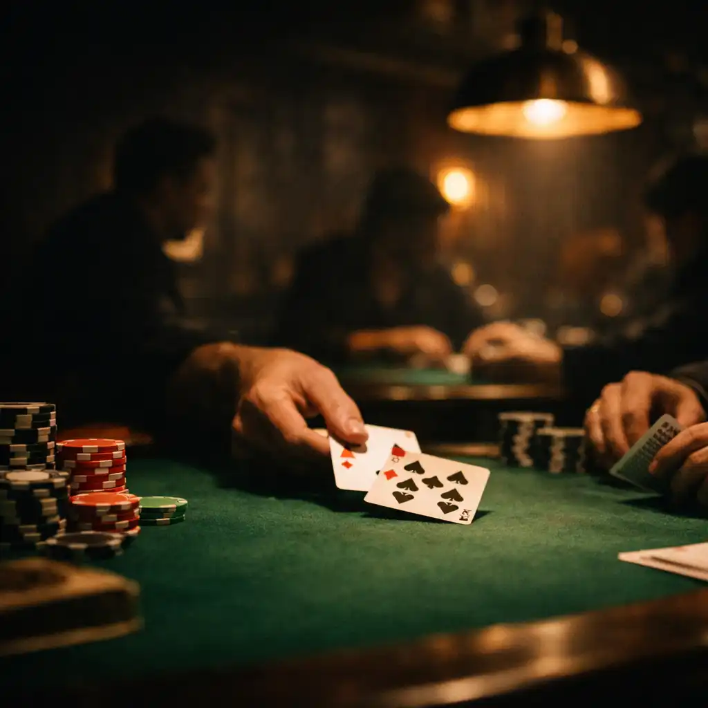 Hands dealing cards across a green felt poker table with chip stacks in Card Loft Tamworth's lounge