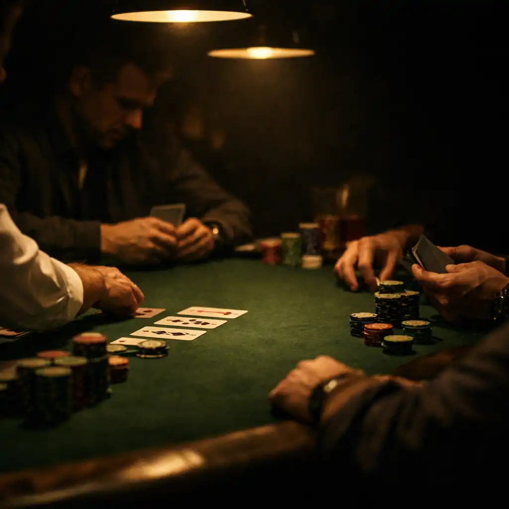 Focused players and chips at a competitive poker night