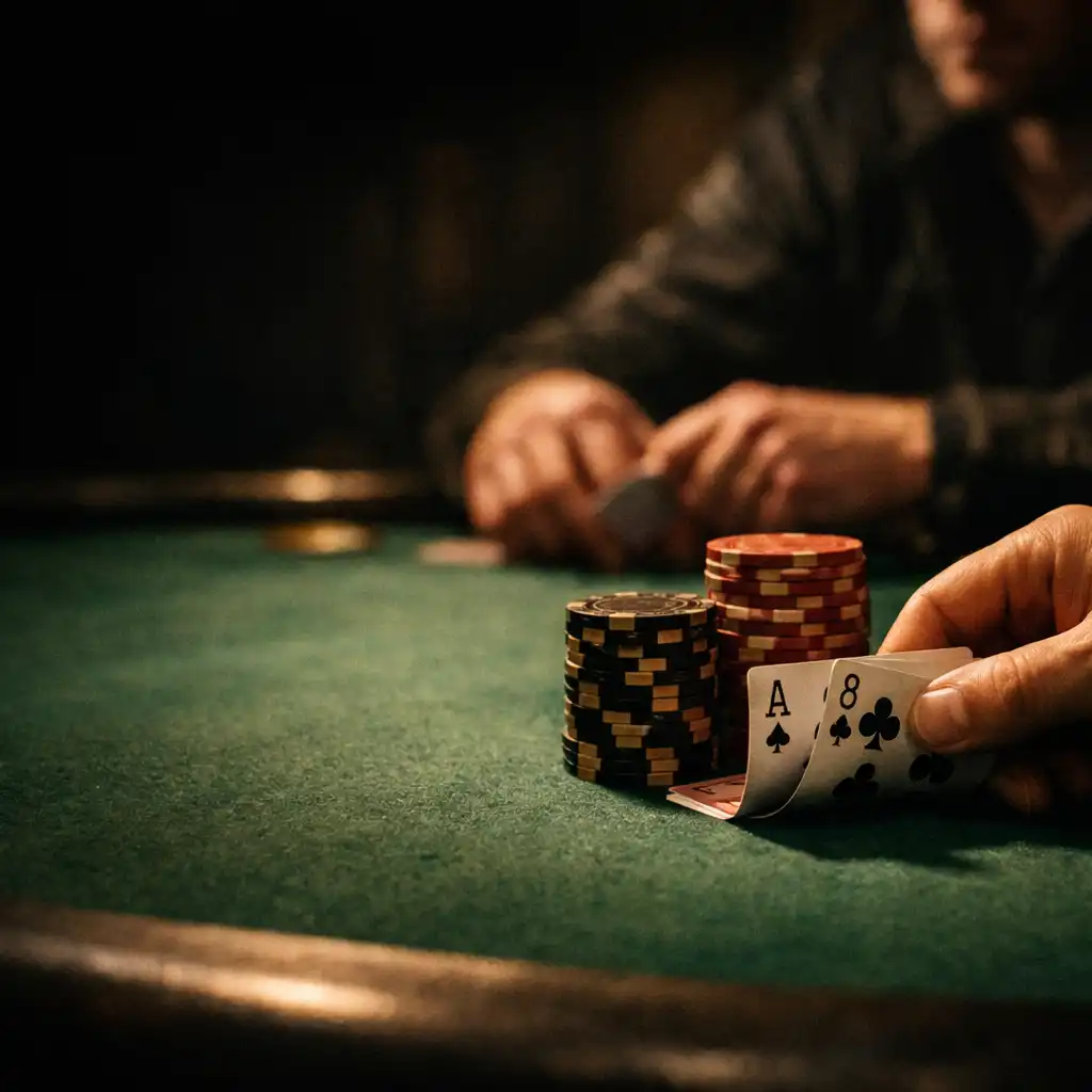 Hands dealing real playing cards beside poker chips on green felt