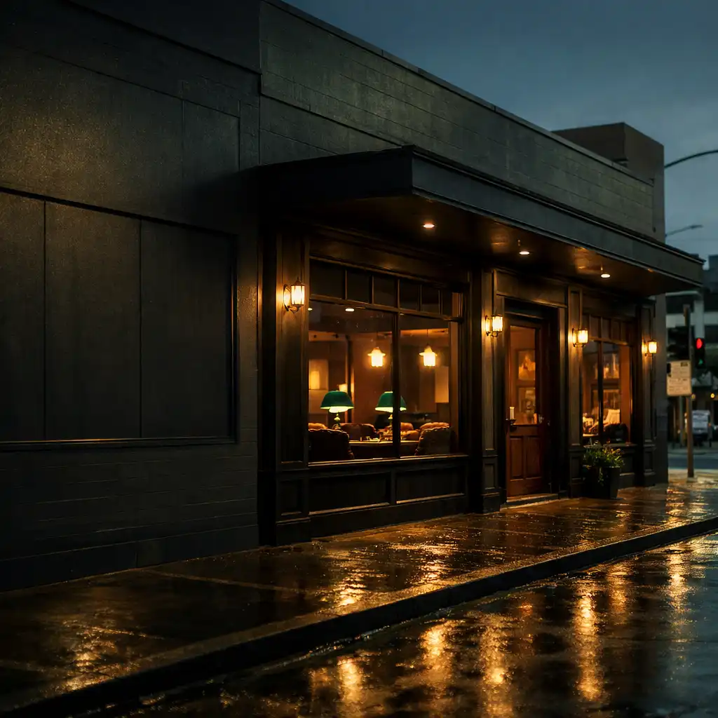 Atmospheric early-evening exterior of a dark timber and glass hospitality venue in Tamworth