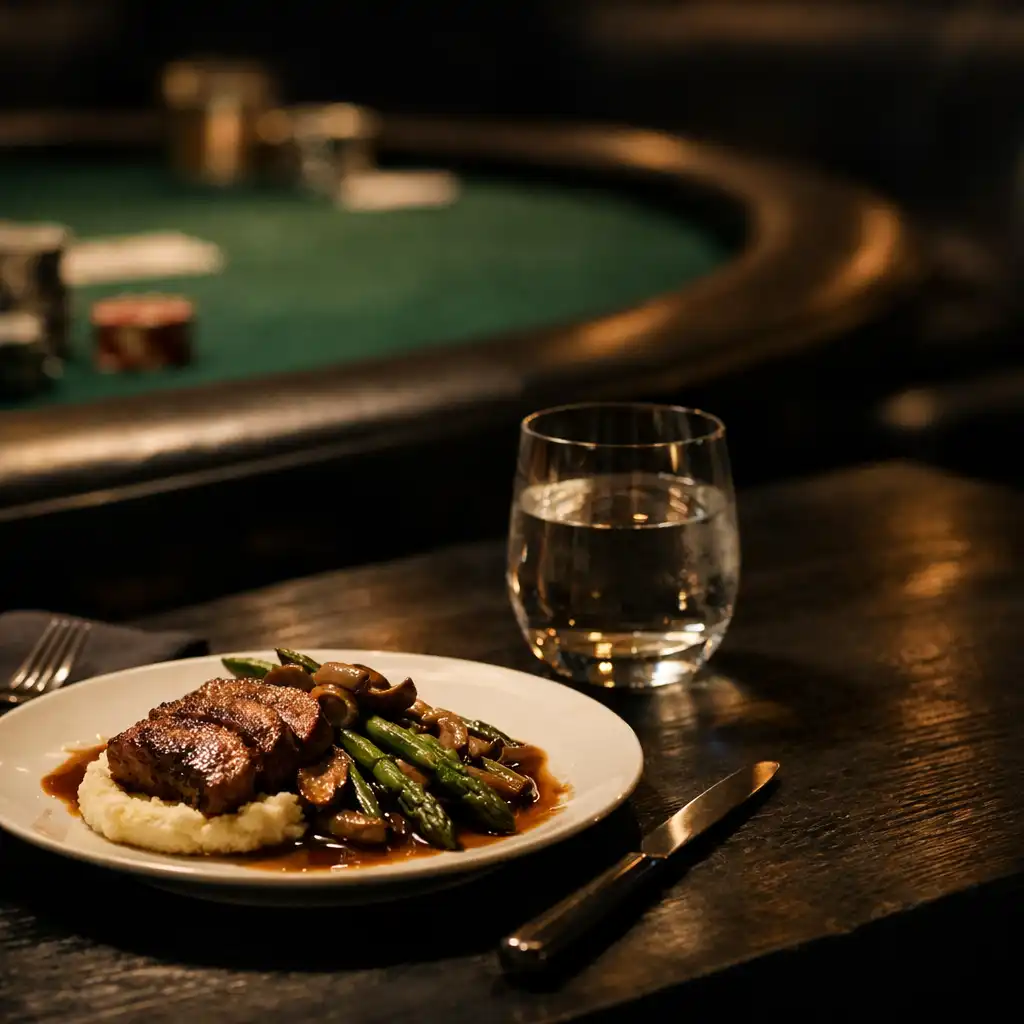 Warmly lit dining table beside the softly blurred edge of green poker felt