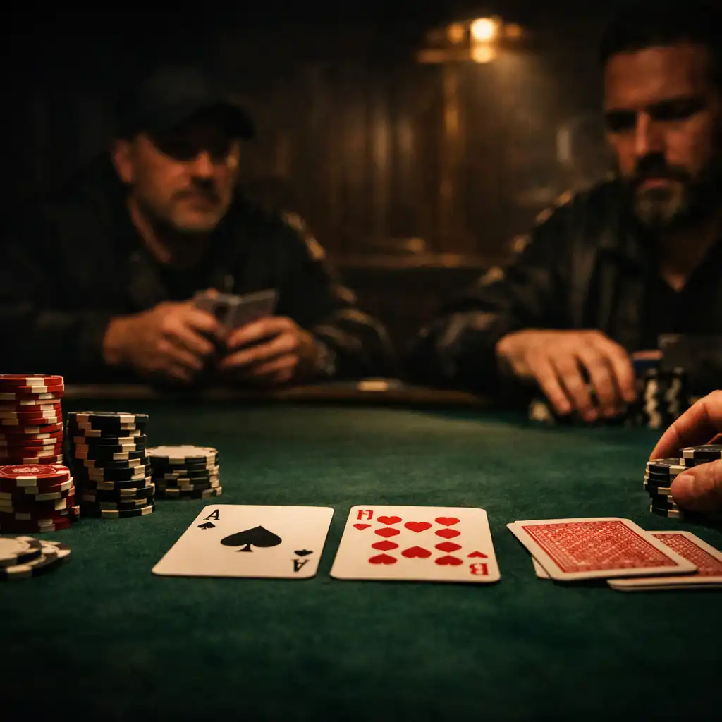 Cards, chips and players' hands across a green felt poker table