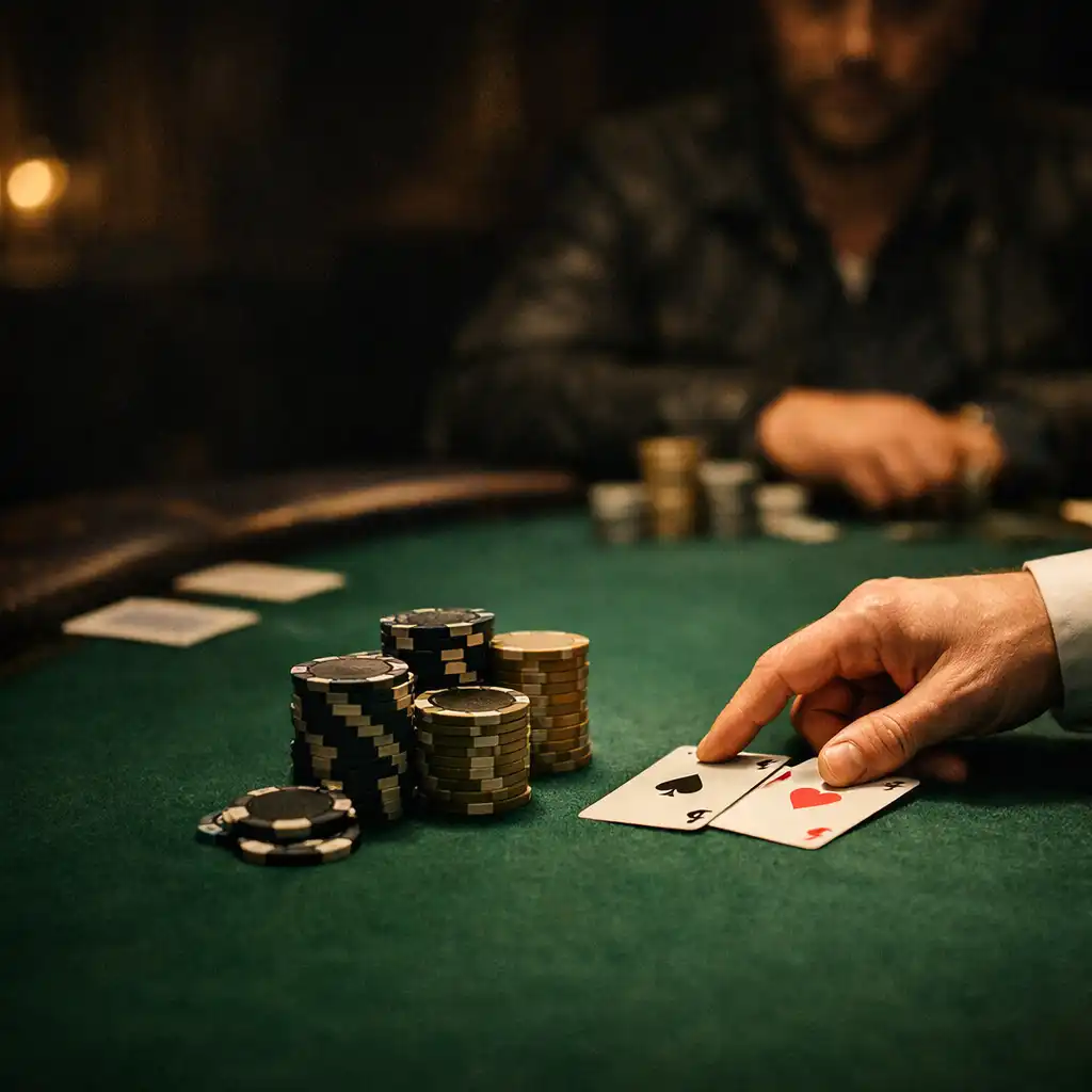 Dealer hand placing physical cards on green felt beside poker chips
