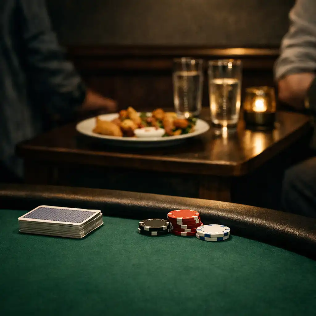 Green felt, folded cards and poker chips in the foreground with dining details in soft focus behind