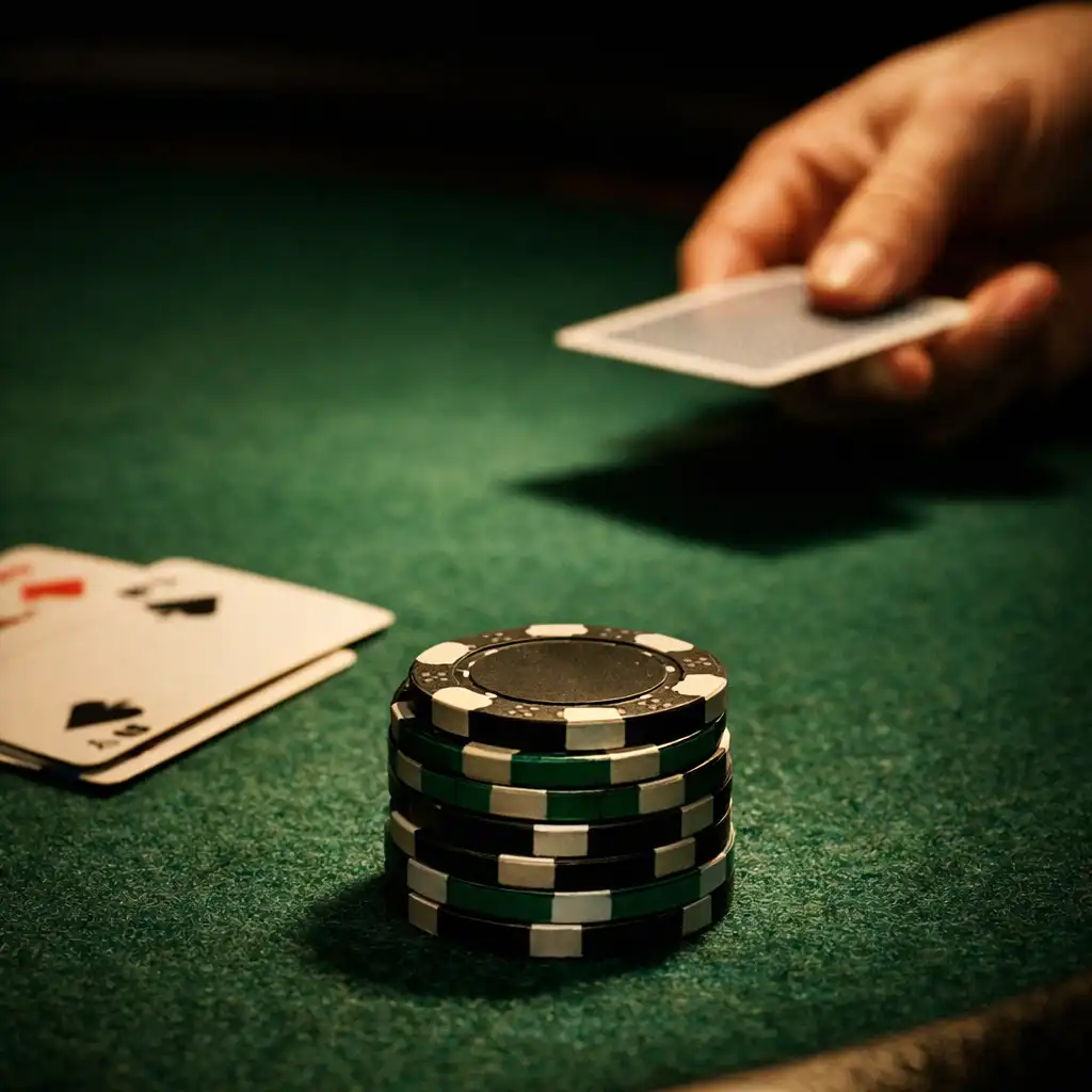 Dealer hand dealing cards across green felt beside weighted poker chips