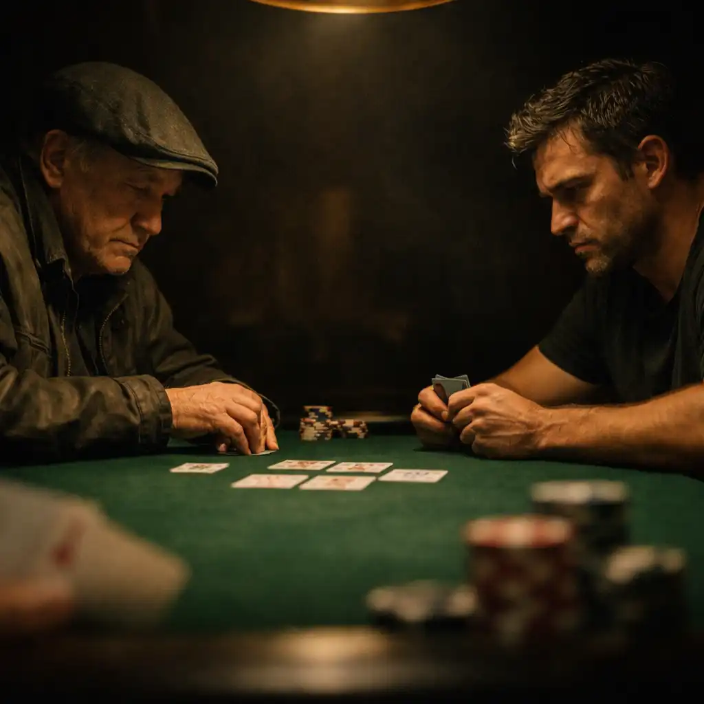 Two focused poker players facing each other across a green felt table