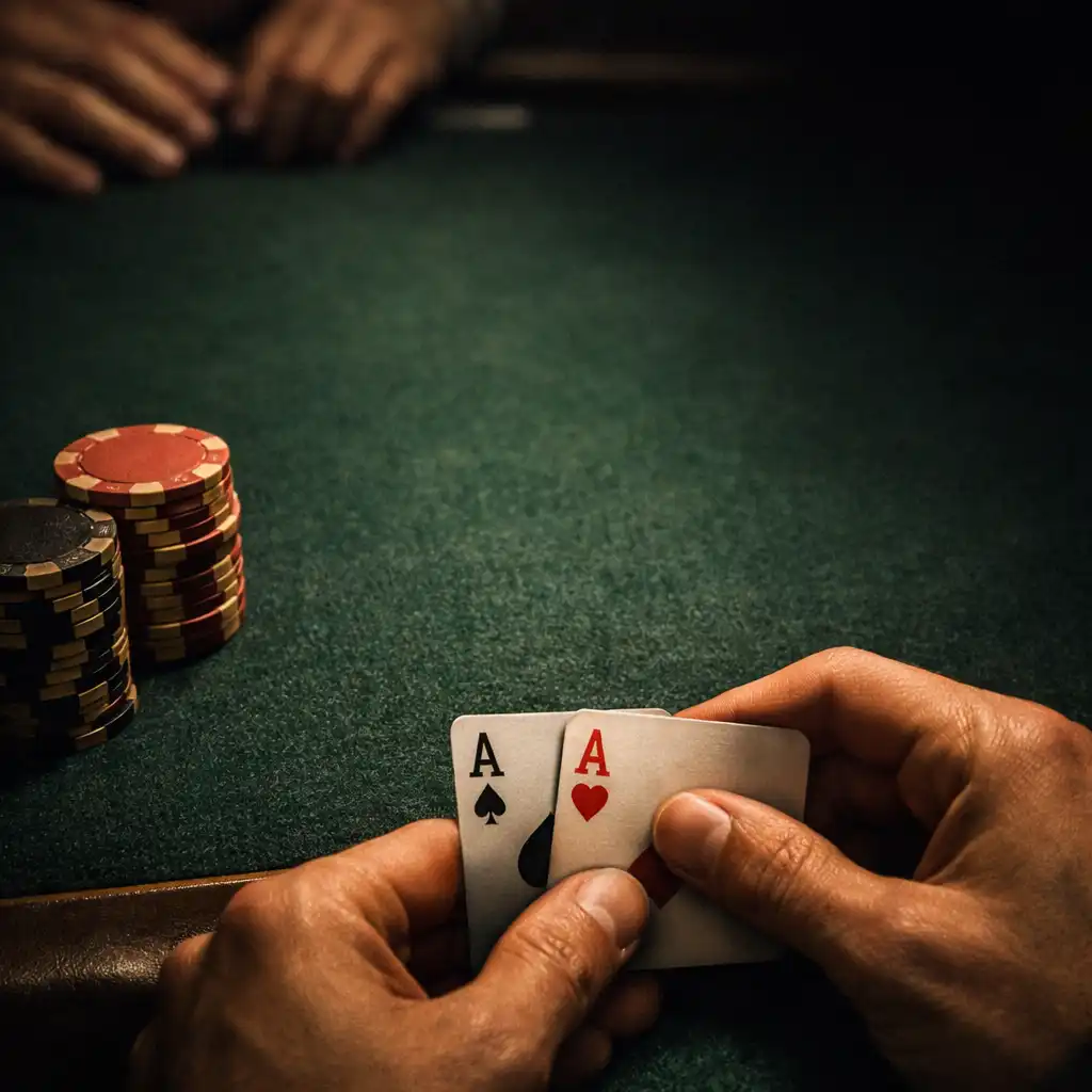 Hands holding cards over deep green felt beside a neat stack of poker chips