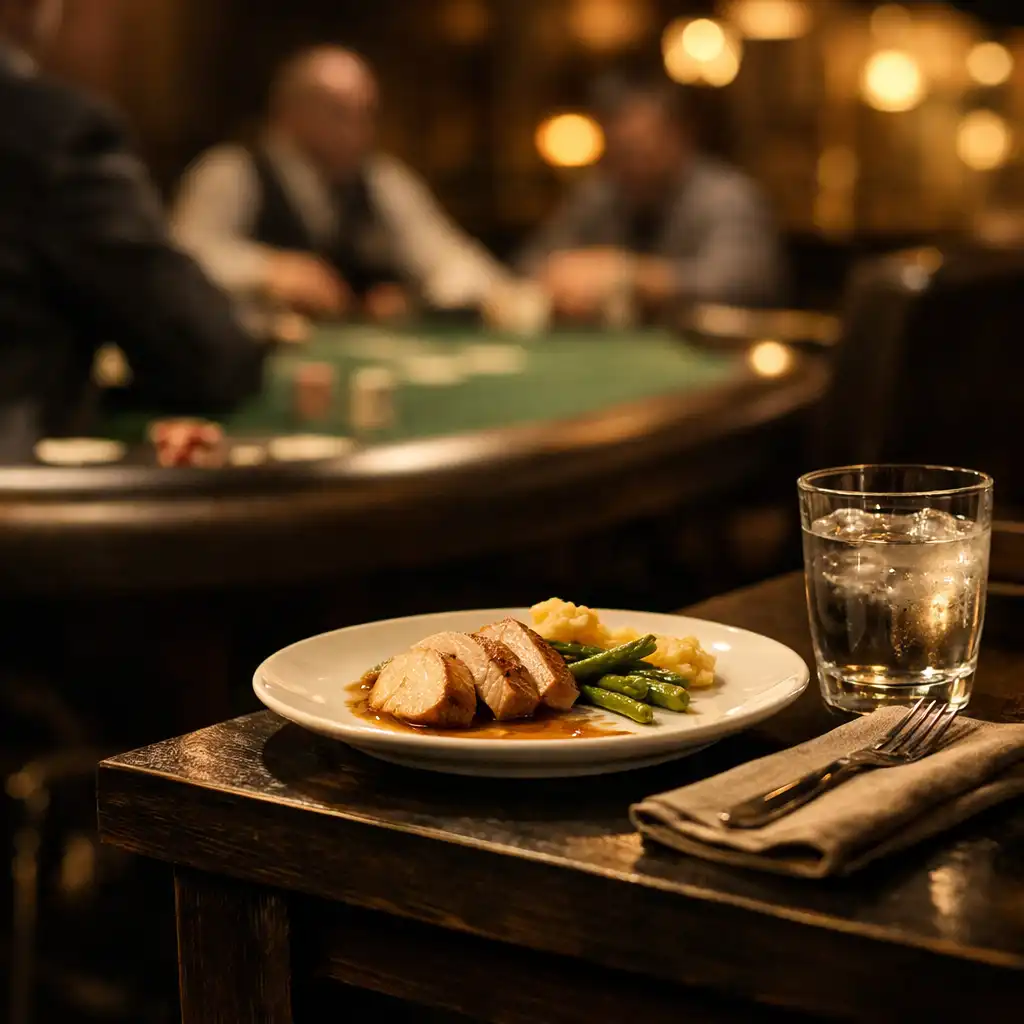 A plated meal beside the blurred edge of a green felt poker table