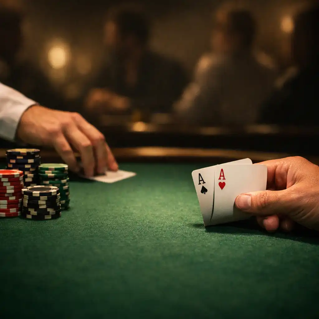 Hands, playing cards and weighted poker chips on professional green felt
