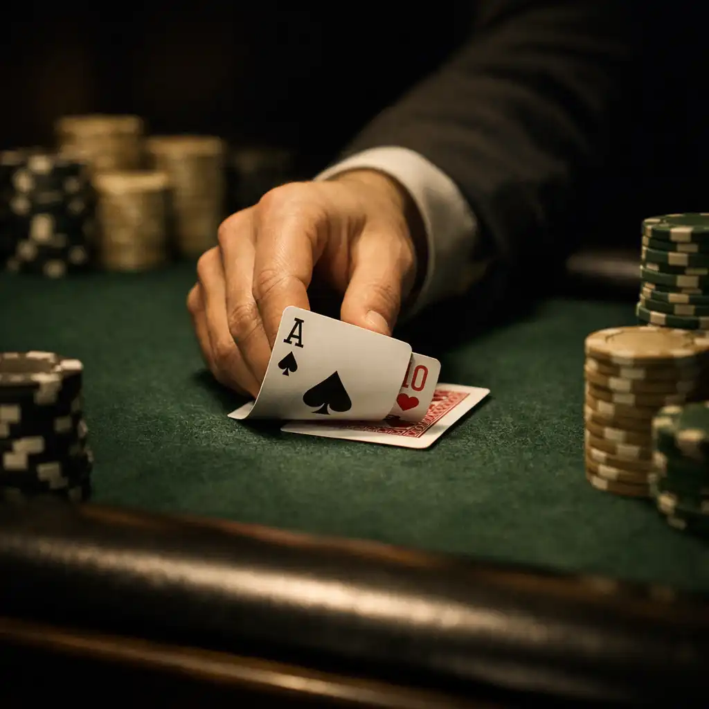 Dealer hand placing cards beside chips on professional green felt