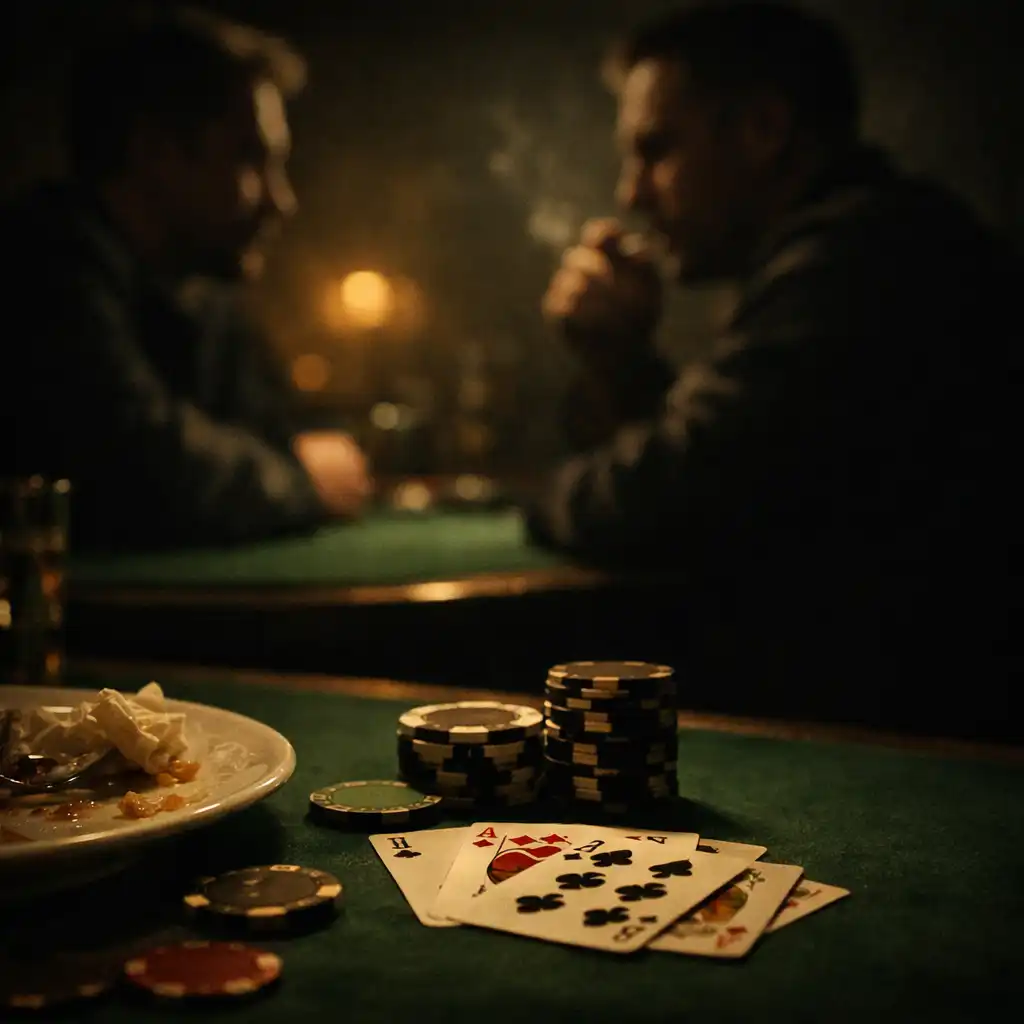 Playing cards and weighted chips on a dark table after an evening in the poker lounge