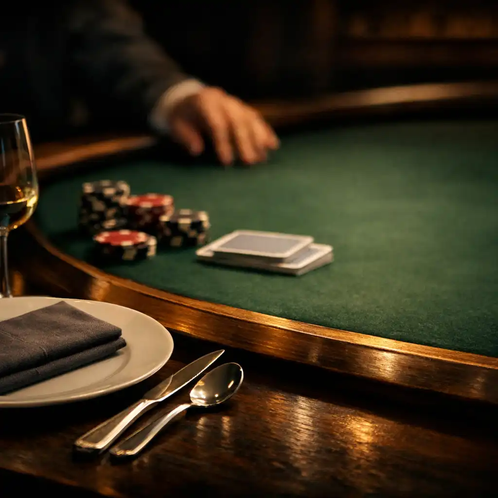 Dining place setting beside the curved edge of a green felt poker table