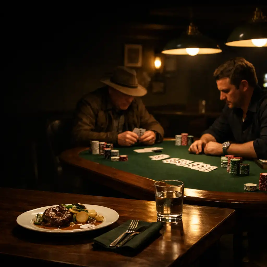 Focused players at a green felt poker table beyond a dark dining setting