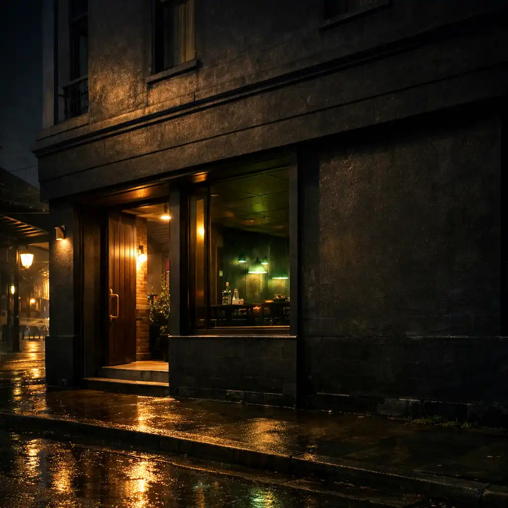 Atmospheric exterior entrance of a dark card lounge and dining venue in Tamworth