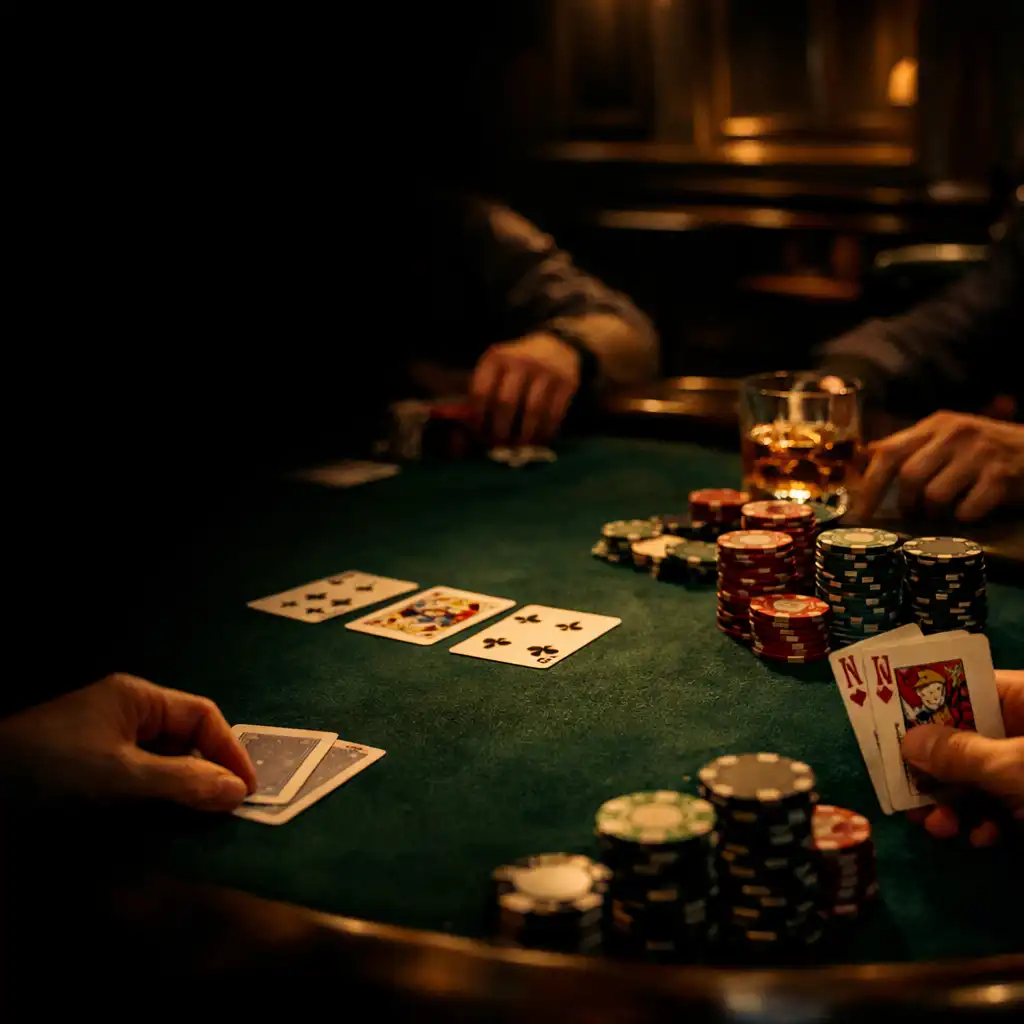 Hands, cards and weighted chips on a green felt poker table